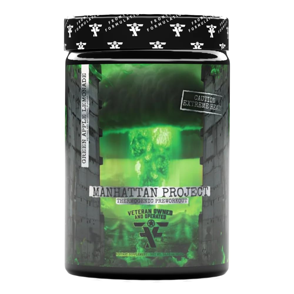 Frontline Formulations Manhattan Project bottle—sleek design for intense workouts and laser focus.