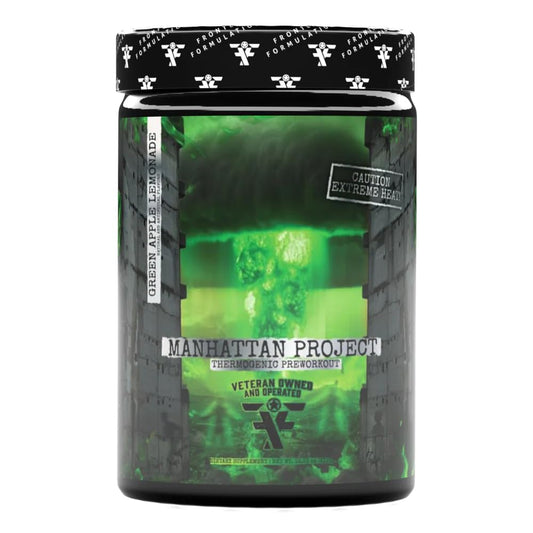 Frontline Formulations Manhattan Project bottle—sleek design for intense workouts and laser focus.