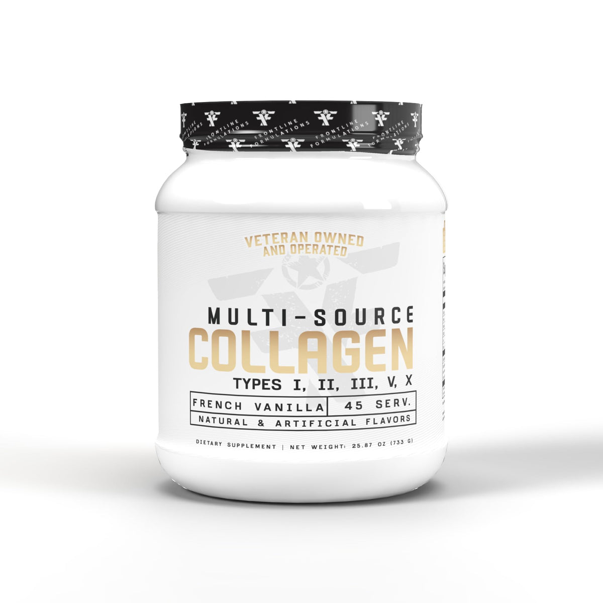 FRONTLINE FORMULATIONS Multi-Source Collagen bottle pour shows easy daily mixing and routine use