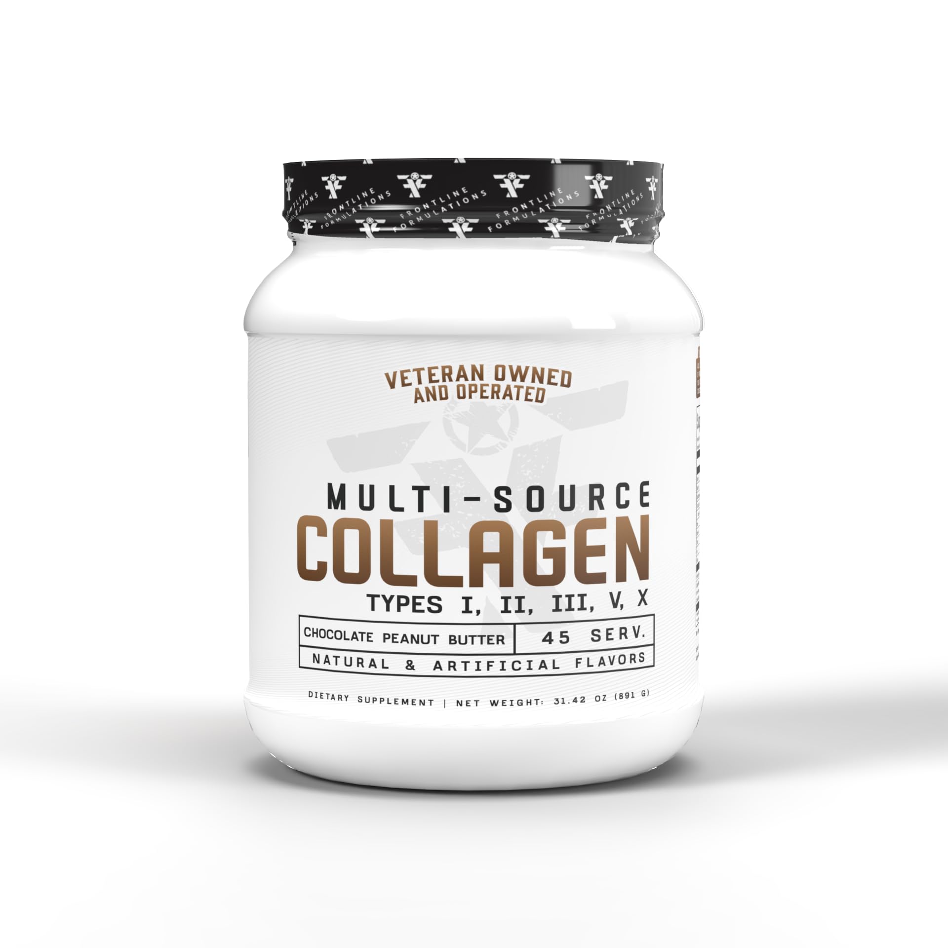FRONTLINE FORMULATIONS Multi-Source Collagen bottle on kitchen counter supports hair, skin and nails.