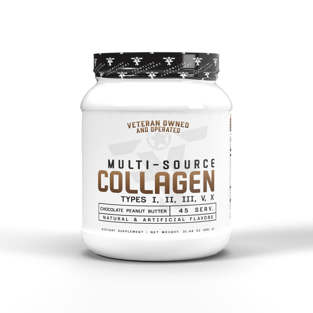 FRONTLINE FORMULATIONS Multi-Source Collagen bottle on kitchen counter supports hair, skin and nails.
