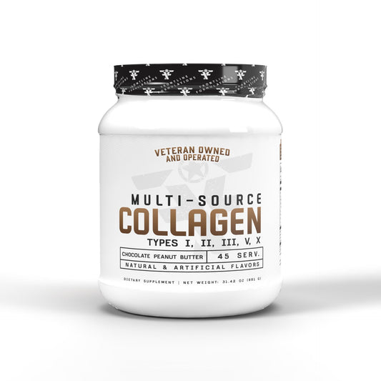 FRONTLINE FORMULATIONS Multi-Source Collagen bottle on kitchen counter supports hair, skin and nails.
