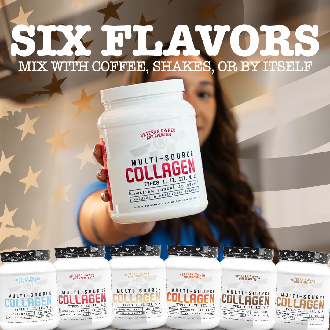 FRONTLINE FORMULATIONS Multi-Source Collagen glass jar near spoon signals premium sourcing and prep ease
