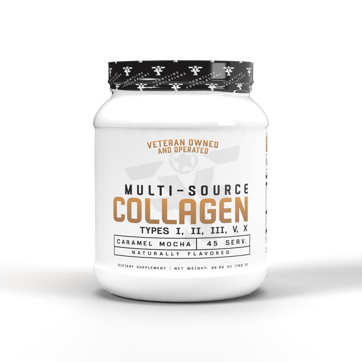 FRONTLINE FORMULATIONS Multi-Source Collagen bottle in caramel mocha for easy daily use.