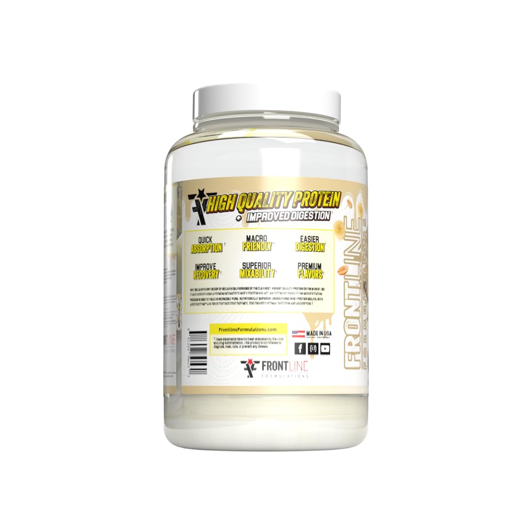 FRONTLINE FORMULATIONS Whey Isolate label emphasizes clean ingredients and low sugar content.