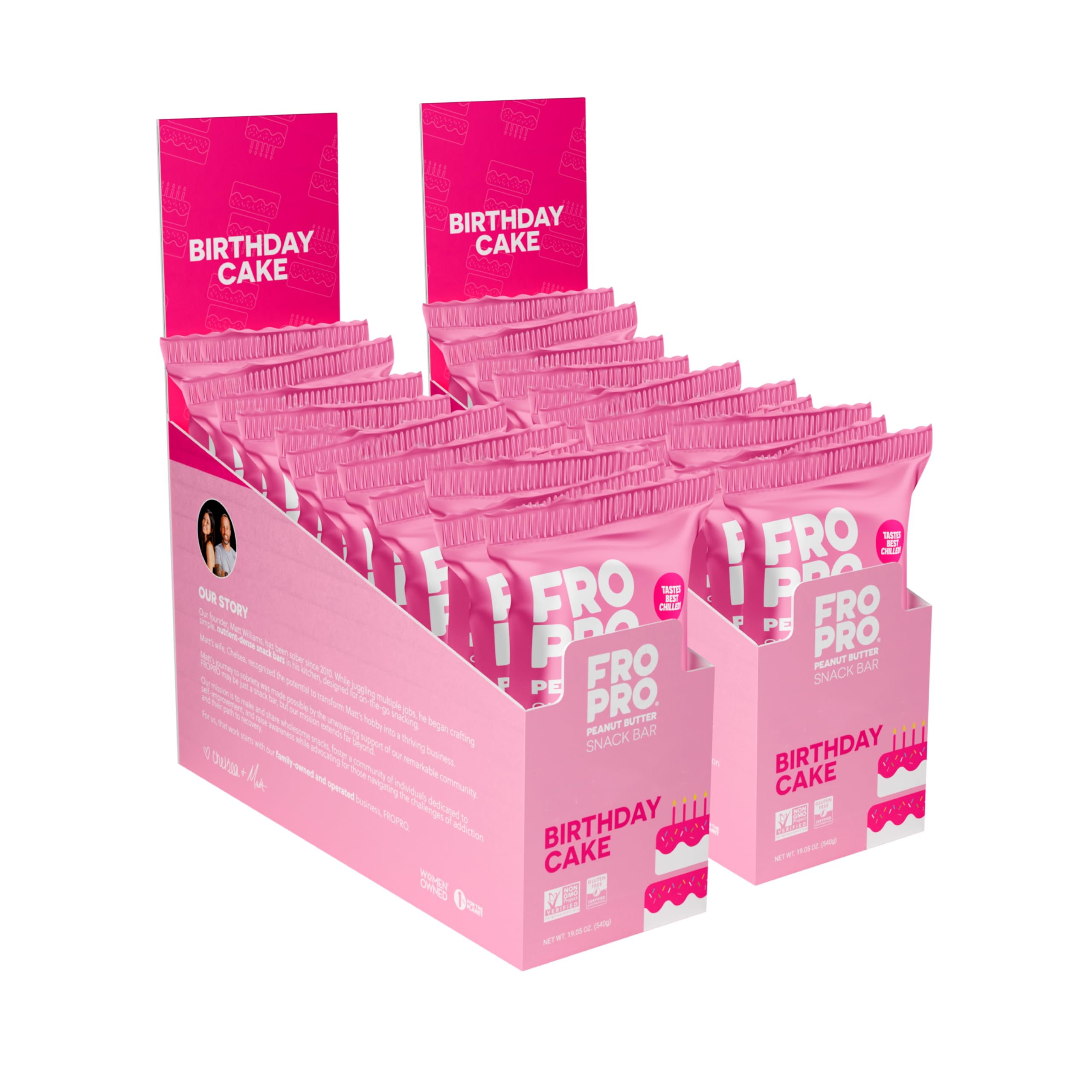 FROPRO Birthday Cake bars pack shot showing convenient high-protein snack option.