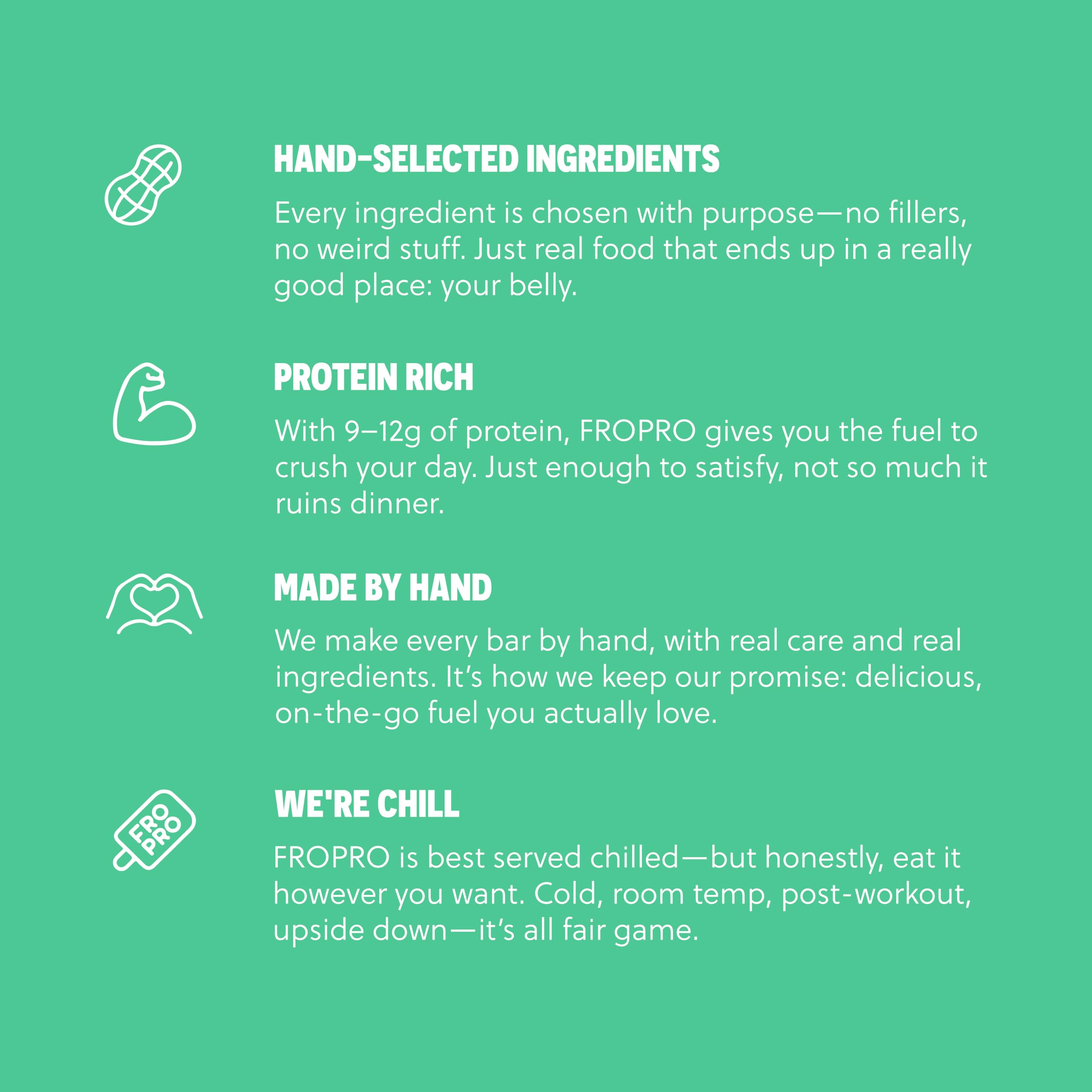 FROPRO Mint Bar ingredients view highlights gluten-free and dairy-free profile.