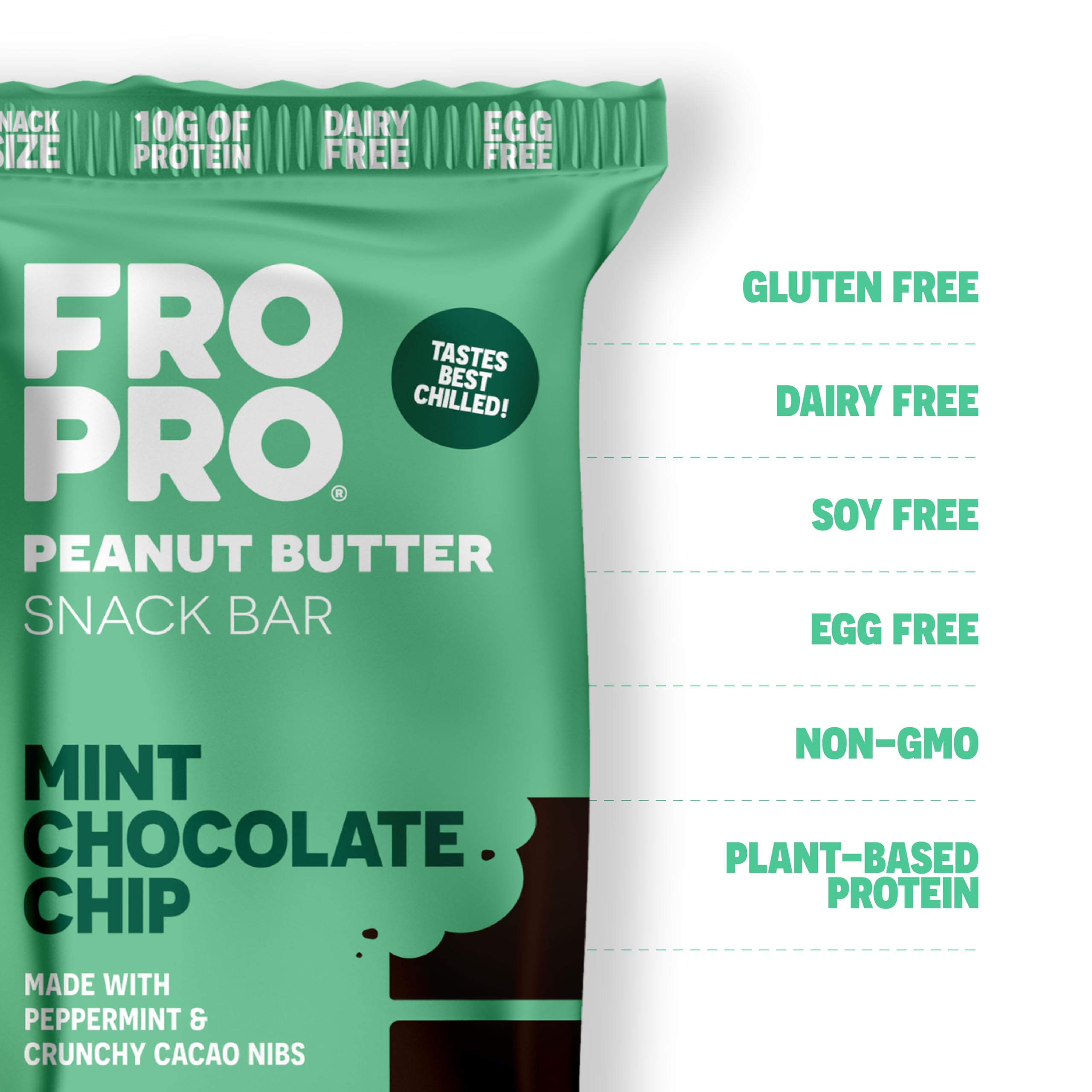 FRO PRO Mint protein bar close-up showing chewy texture
