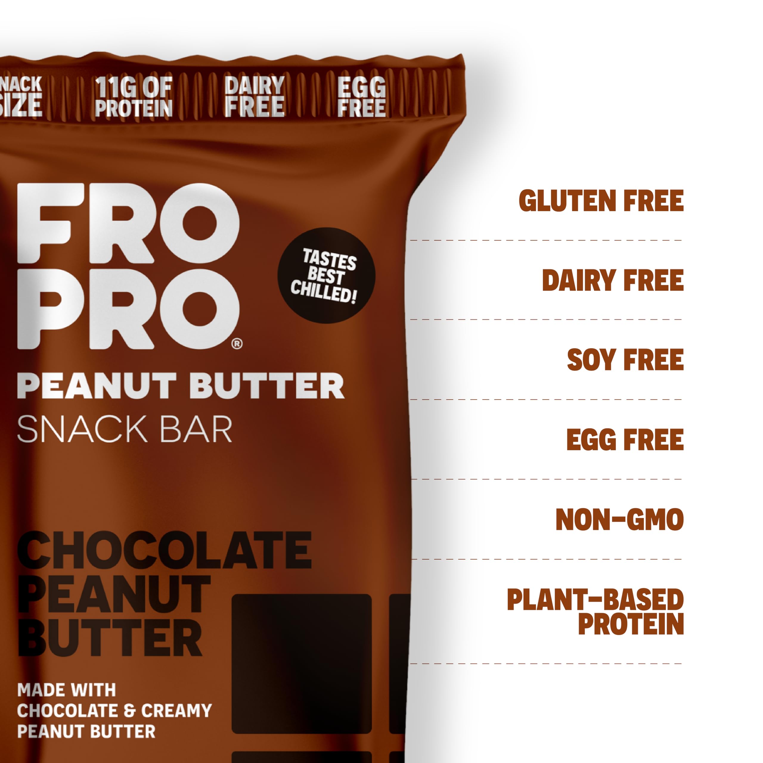Close-up of FRO PRO chocolate crunch bar showing chewy texture and honey sweetness