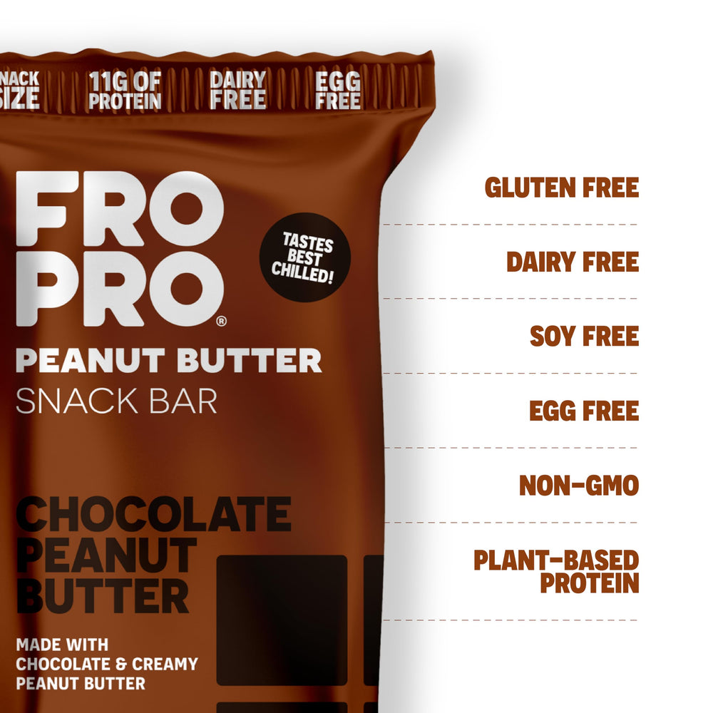 Close-up of FRO PRO chocolate crunch bar showing chewy texture and honey sweetness