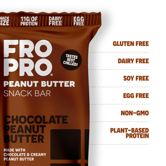 Close-up of FRO PRO chocolate crunch bar showing chewy texture and honey sweetness