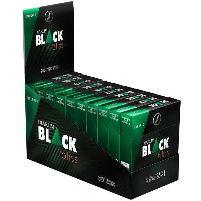 The Frugal Smoker Djarum Black Bliss Emerald pack shot highlights premium clove cigarettes for savoring.