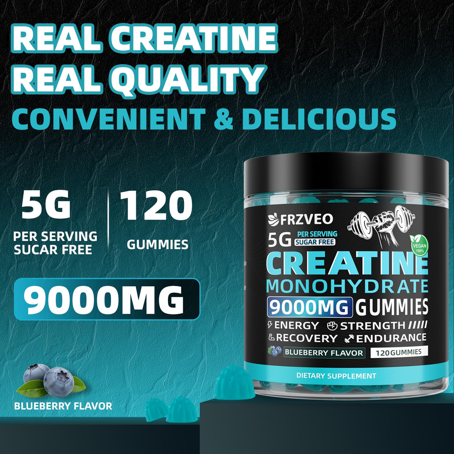 FRZVEO Creatine Monohydrate Gummies nutrition label showing 9000mg per gummy