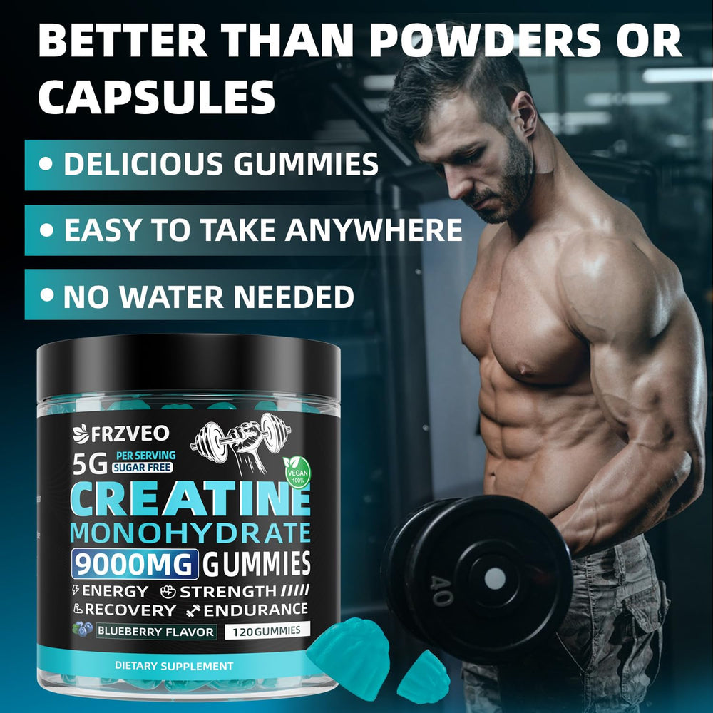 FRZVEO Creatine Monohydrate Gummies packaging highlighting vegan, sugar-free formula