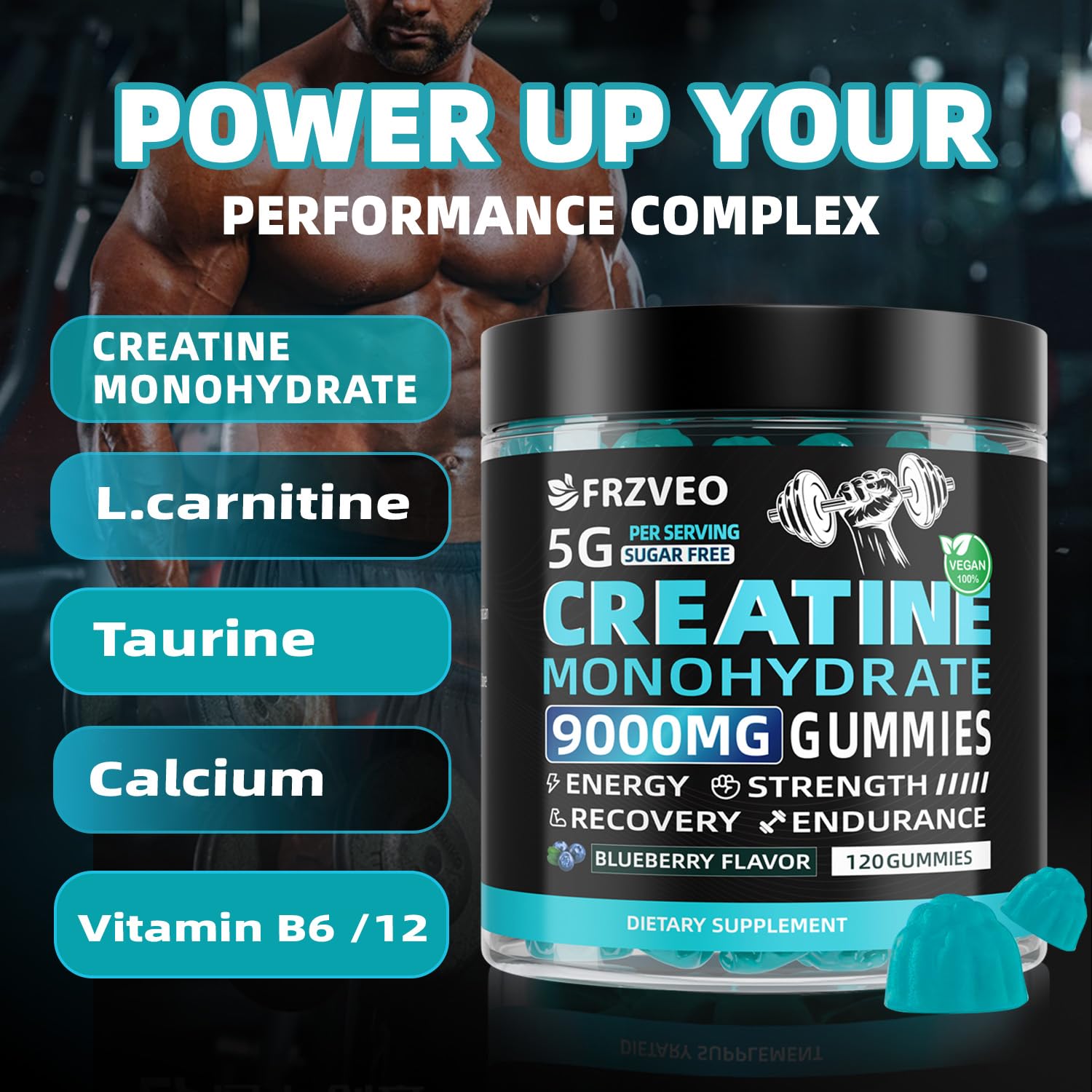 FRZVEO Creatine Monohydrate Gummies pour demonstration for easy consumption