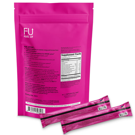 FU FUEL UP Play electrolyte fruit punch served in a glass for daily hydration