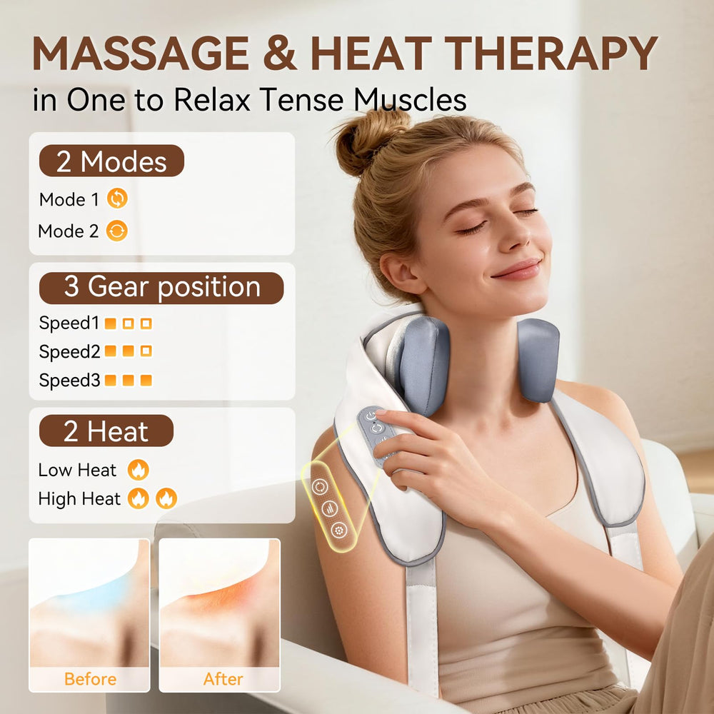 Fubangneer massager with ergonomic strap attachment secured for multitasking at home.