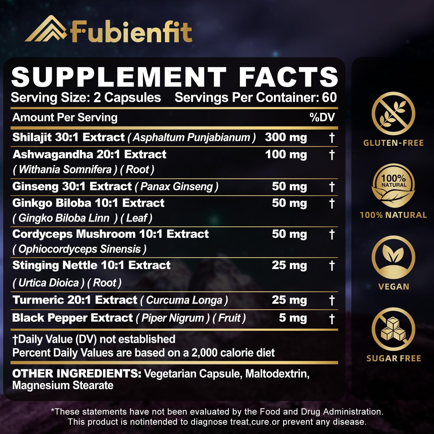 Fubienfit Shilajit bottle back shows ingredients and serving details