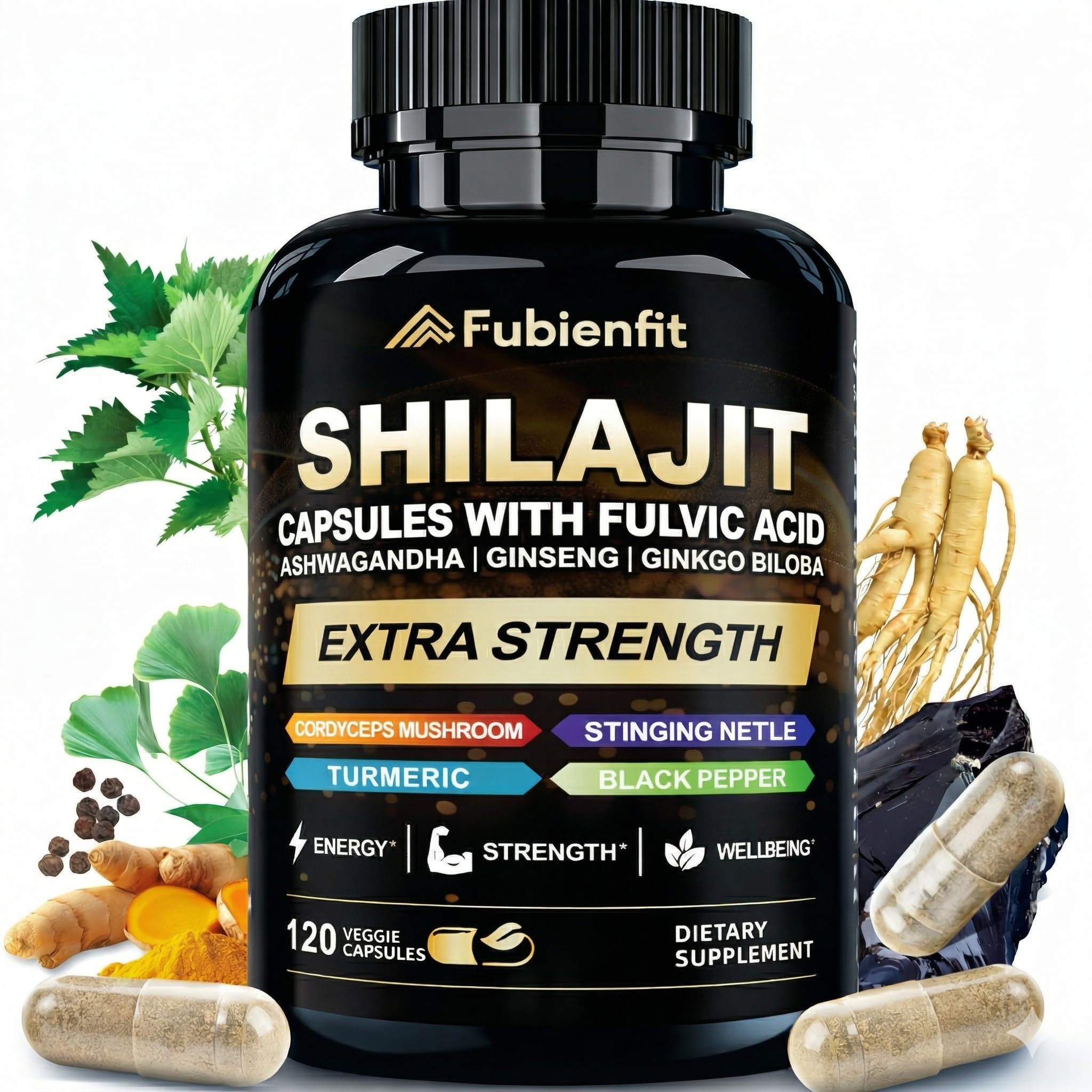 Fubienfit Shilajit capsules bottle front, premium formula for daily energy