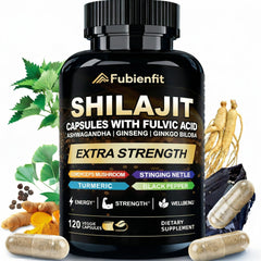 Fubienfit Shilajit capsules bottle front, premium formula for daily energy