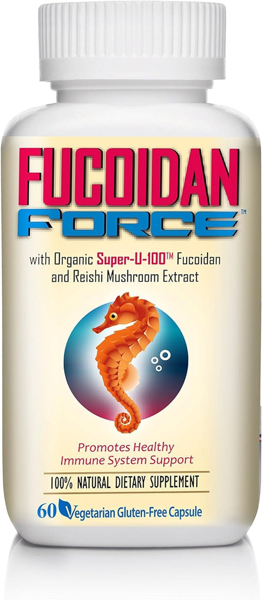 Fucoidan Force bottle label highlights organic fucoidan and Reishi for daily wellness.