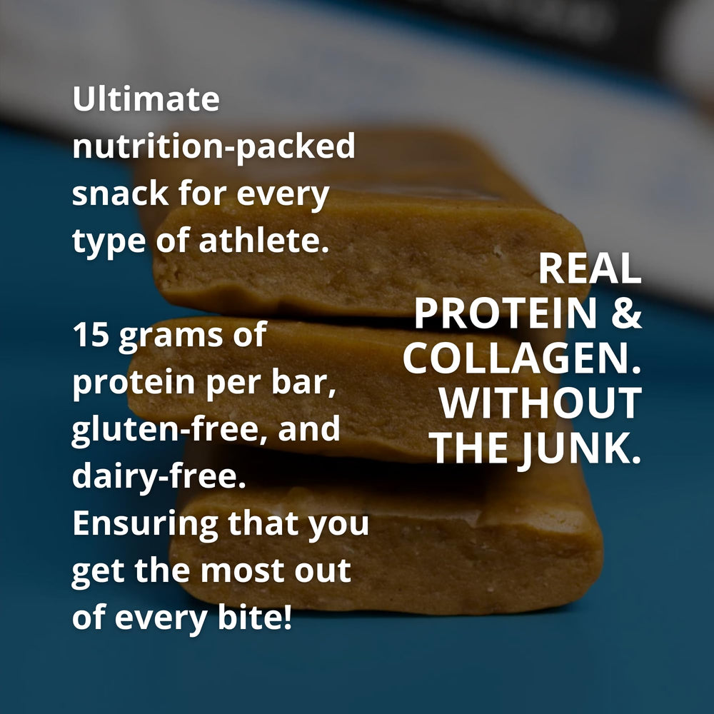 Fuel 4 Ever Chocolate Almond collagen bar bite conveys chewy, tasty post-activity enjoyment.
