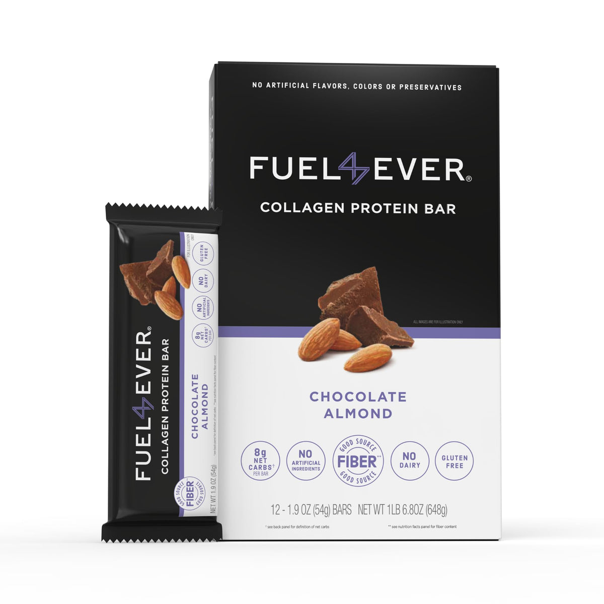 Fuel 4 Ever collagen bar Chocolate Almond box 12 for convenient on-the-go protein snack