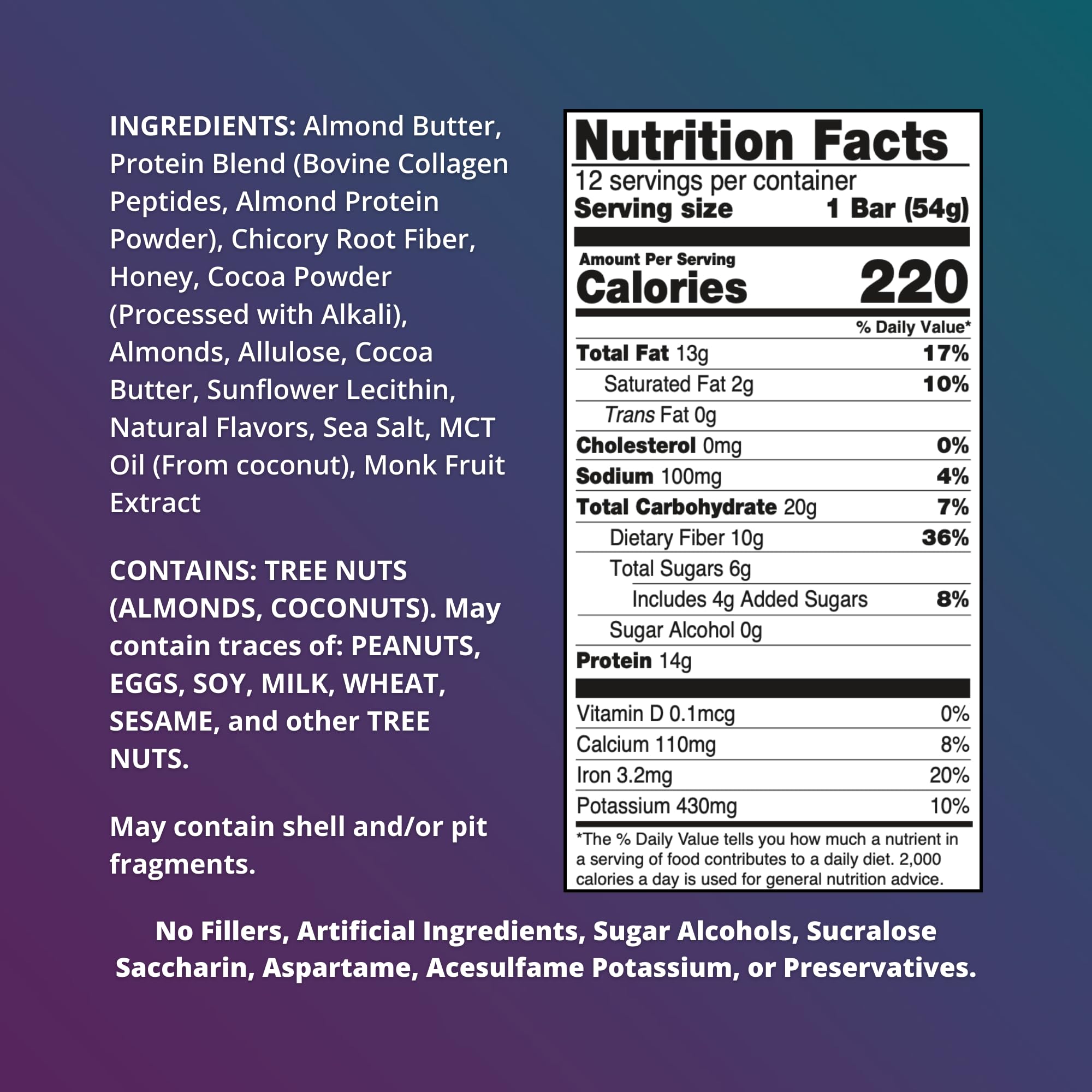 Fuel 4 Ever collagen bar Chocolate Almond ingredients showcase almond butter and greens