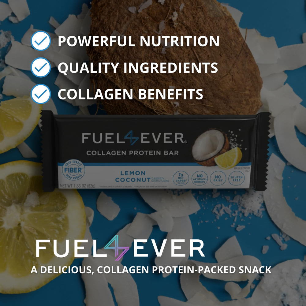 Fuel 4 Ever ingredients collage highlights chicory root fiber and MCT oil in the bar.