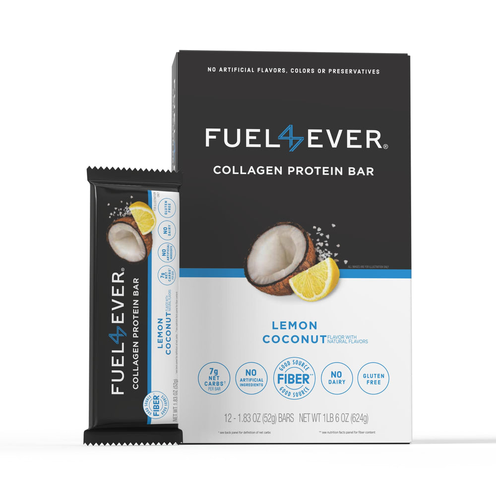 Fuel 4 Ever Lemon Coconut collagen bar wrap shows a convenient on-the-go snack with clean ingredients.