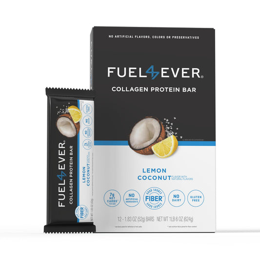 Fuel 4 Ever Lemon Coconut collagen bar wrap shows a convenient on-the-go snack with clean ingredients.