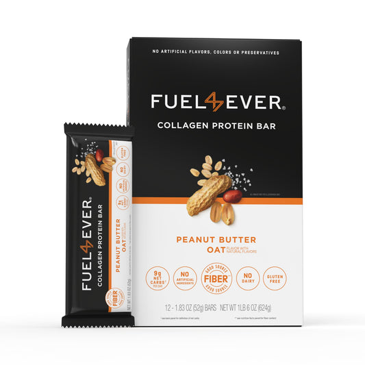 Fuel 4 Ever collagen protein bars packaging highlights a clean-label snack for busy days.