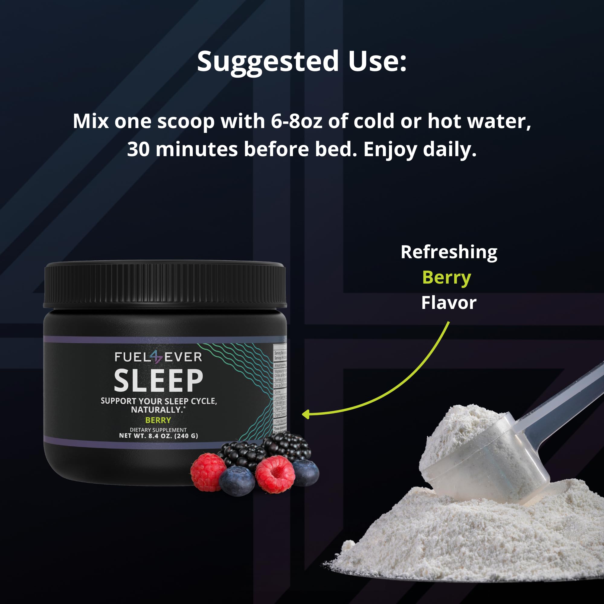 Fuel 4 Ever Sleep bottle label closeup highlighting the berry flavor.