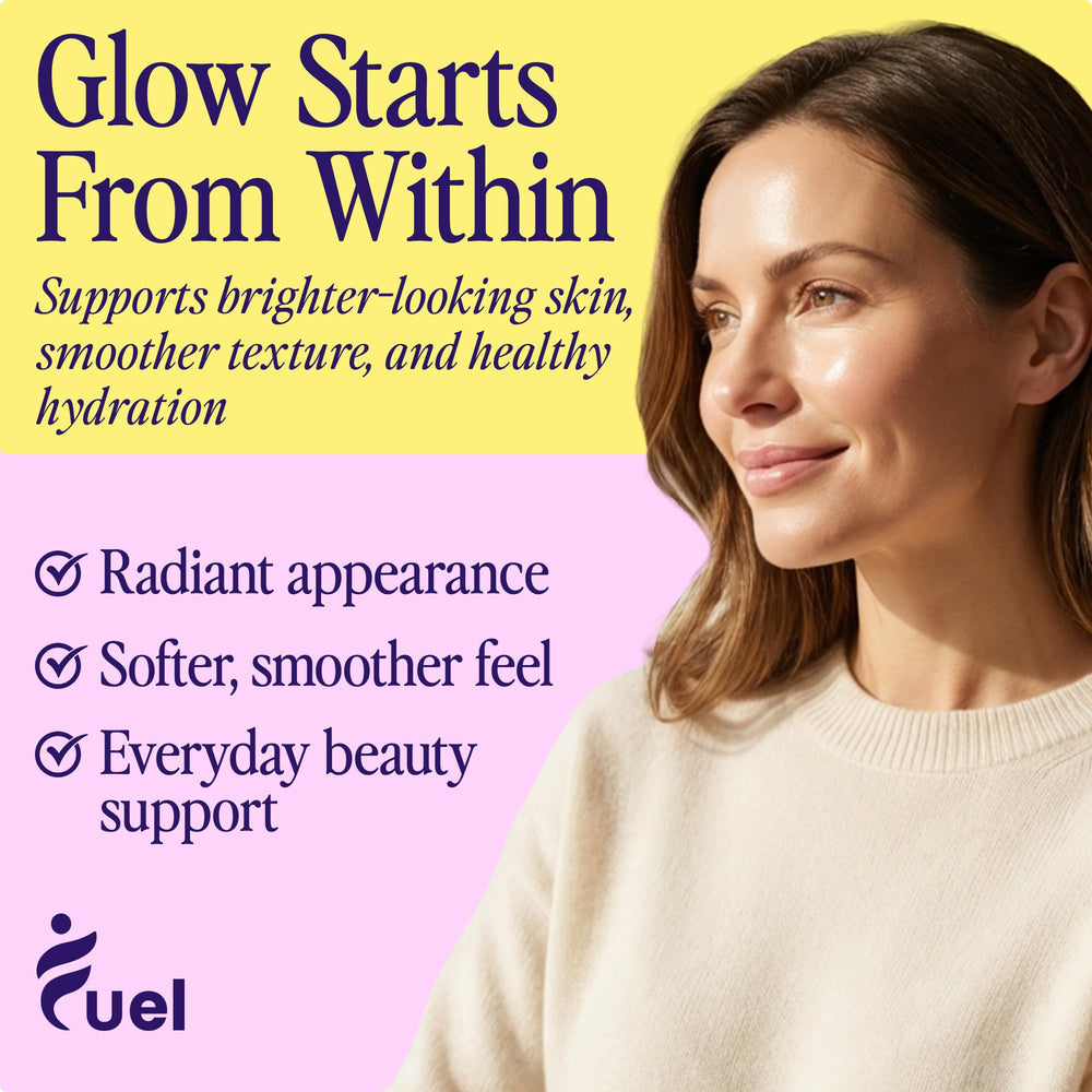 Fuel Multi Collagen berry powder scoop beside a glass.