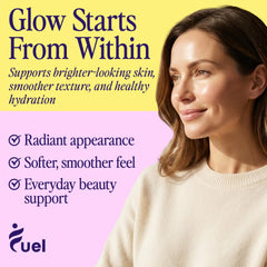 Fuel Multi Collagen berry powder scoop beside a glass.