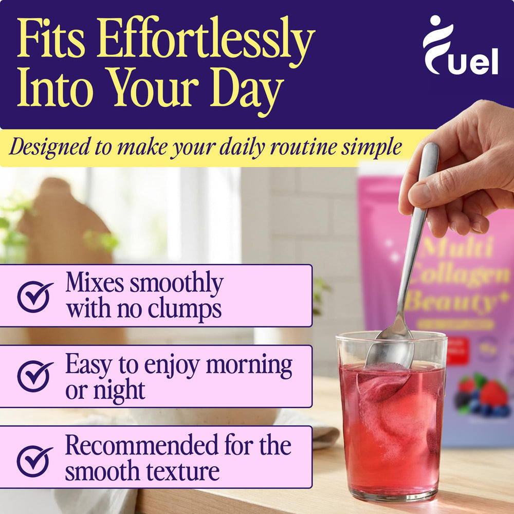 Fuel Multi Collagen visual showing hair and skin benefits.