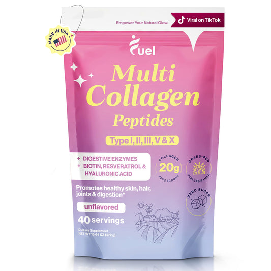 Fuel Multi Collagen Peptides bottle with powder for daily beauty and joint support.