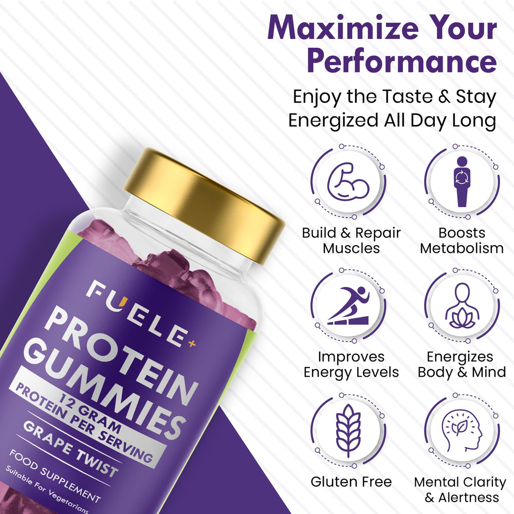 Front-label view of FUELE+ Grape Twist gummies emphasizing vegetarian protein source.