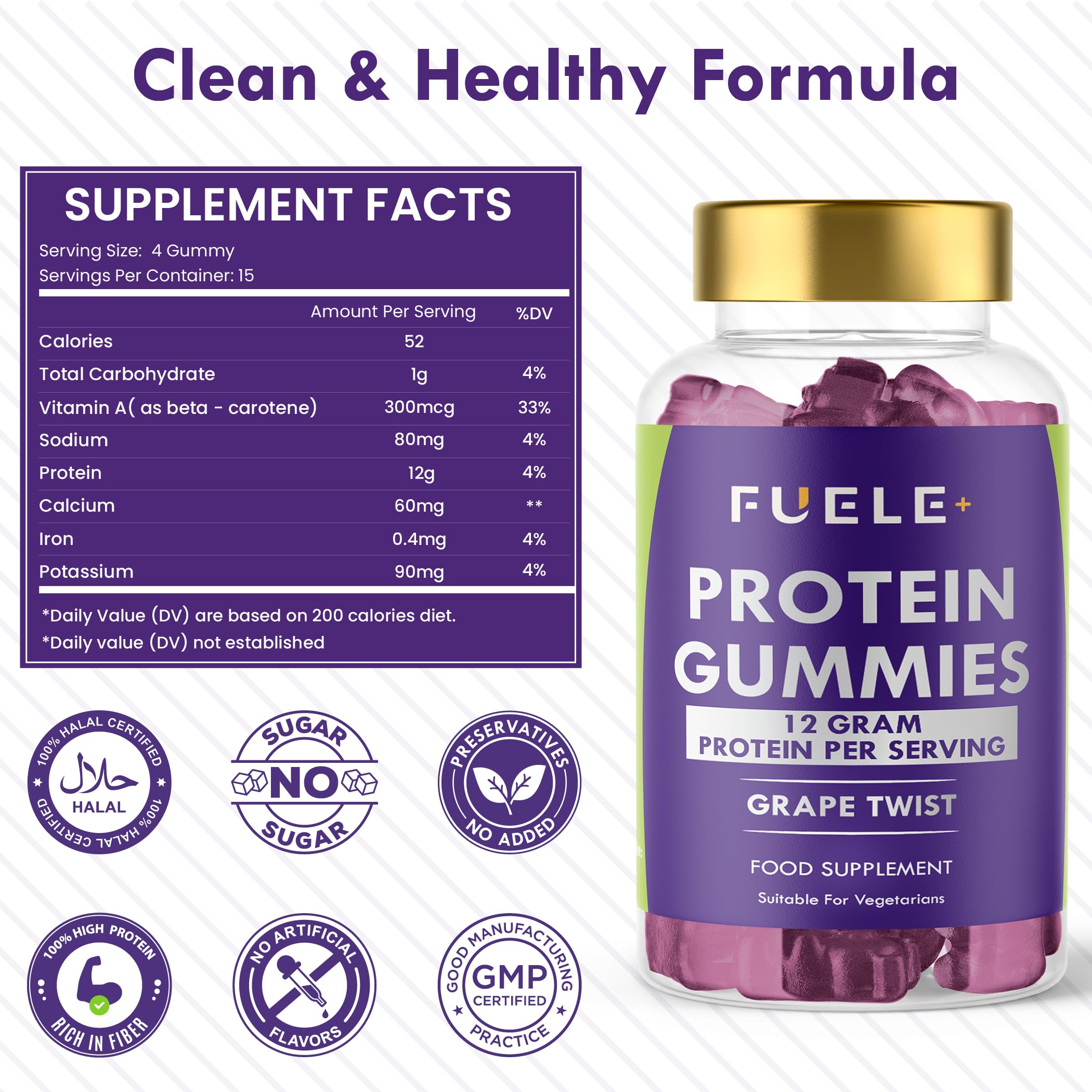 Ingredient panel of FUELE+ showing whey protein base and flavor profile.