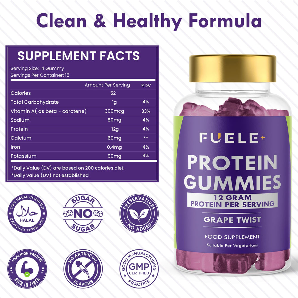 Ingredient panel of FUELE+ showing whey protein base and flavor profile.