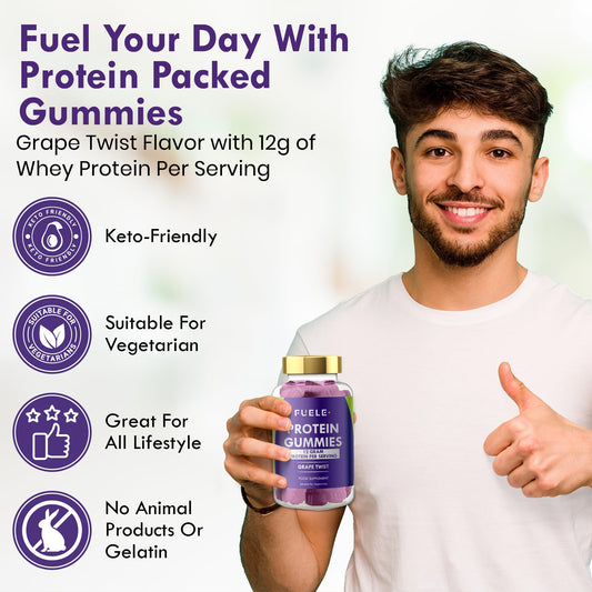 Close-up texture of FUELE+ gummies highlighting chewy protein boost for on-the-go nourishment.