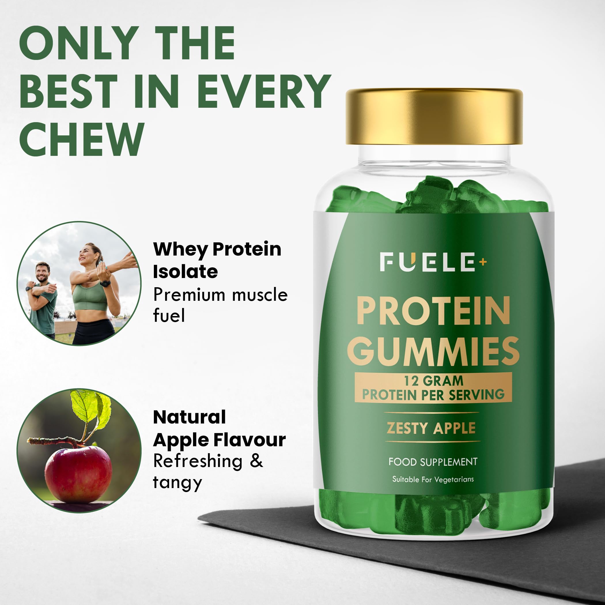 FUELE+ Vegetarian-friendly snack option with whey protein gummies.