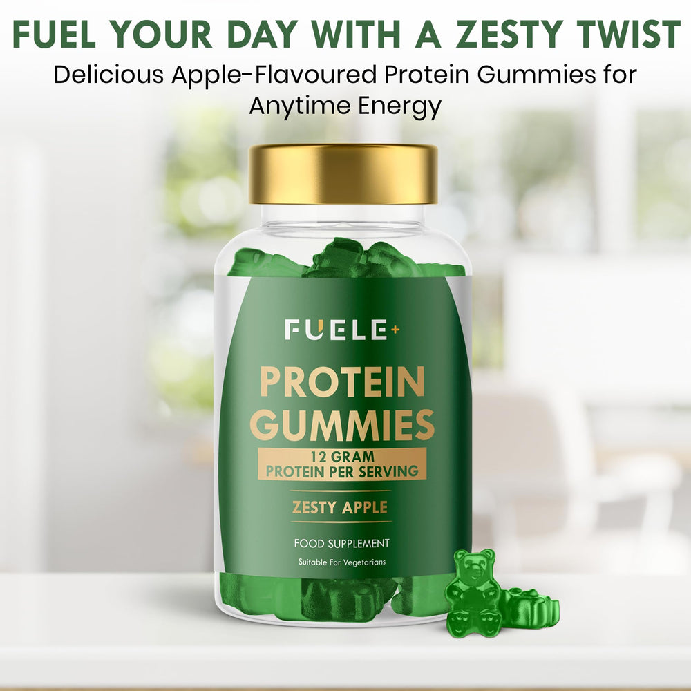 Close-up of FUELE+ gummies highlighting zesty apple taste and chewy texture.
