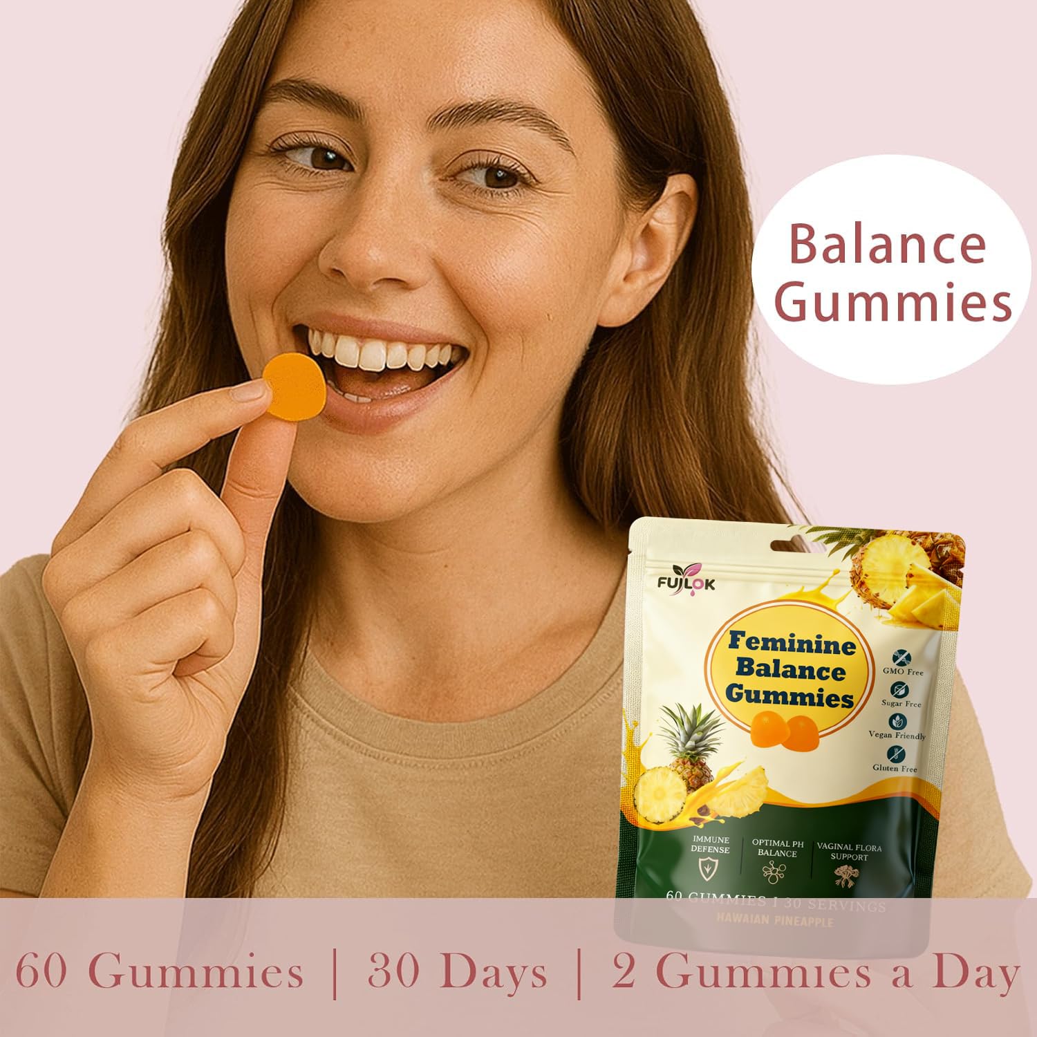 FUILOK pineapple-flavored gummies on plate for daily self-care