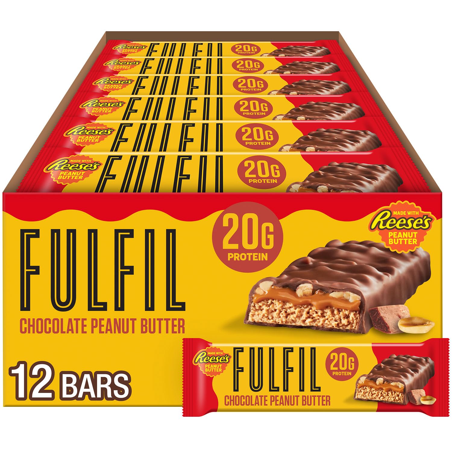FULFIL Chocolate Peanut Butter Bar with REESE'S packaging, a tasty on-the-go snack option.