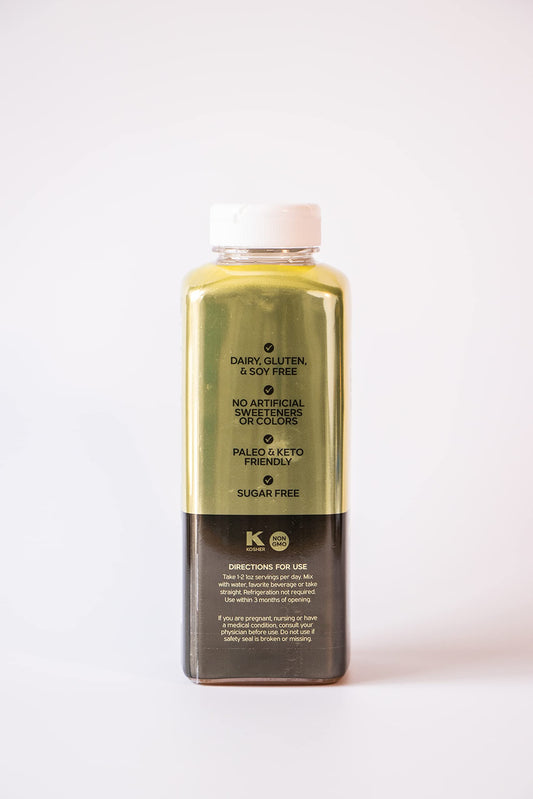 Pouring FULL BODY IMPACT Apple liquid collagen into water for easy daily use.