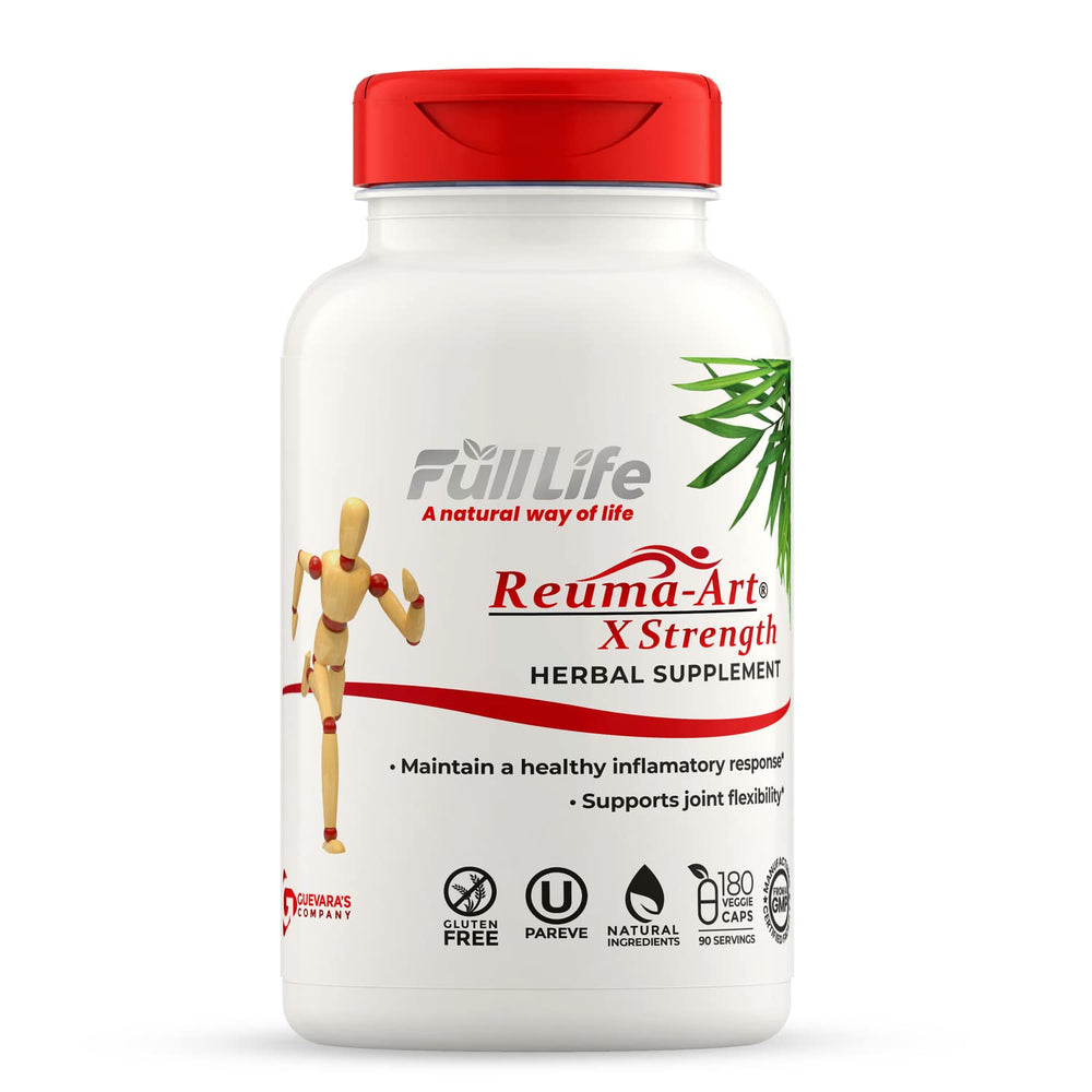 Full Life Reuma-Art X Strength bottle showing 180 veggie capsules for daily joint support.