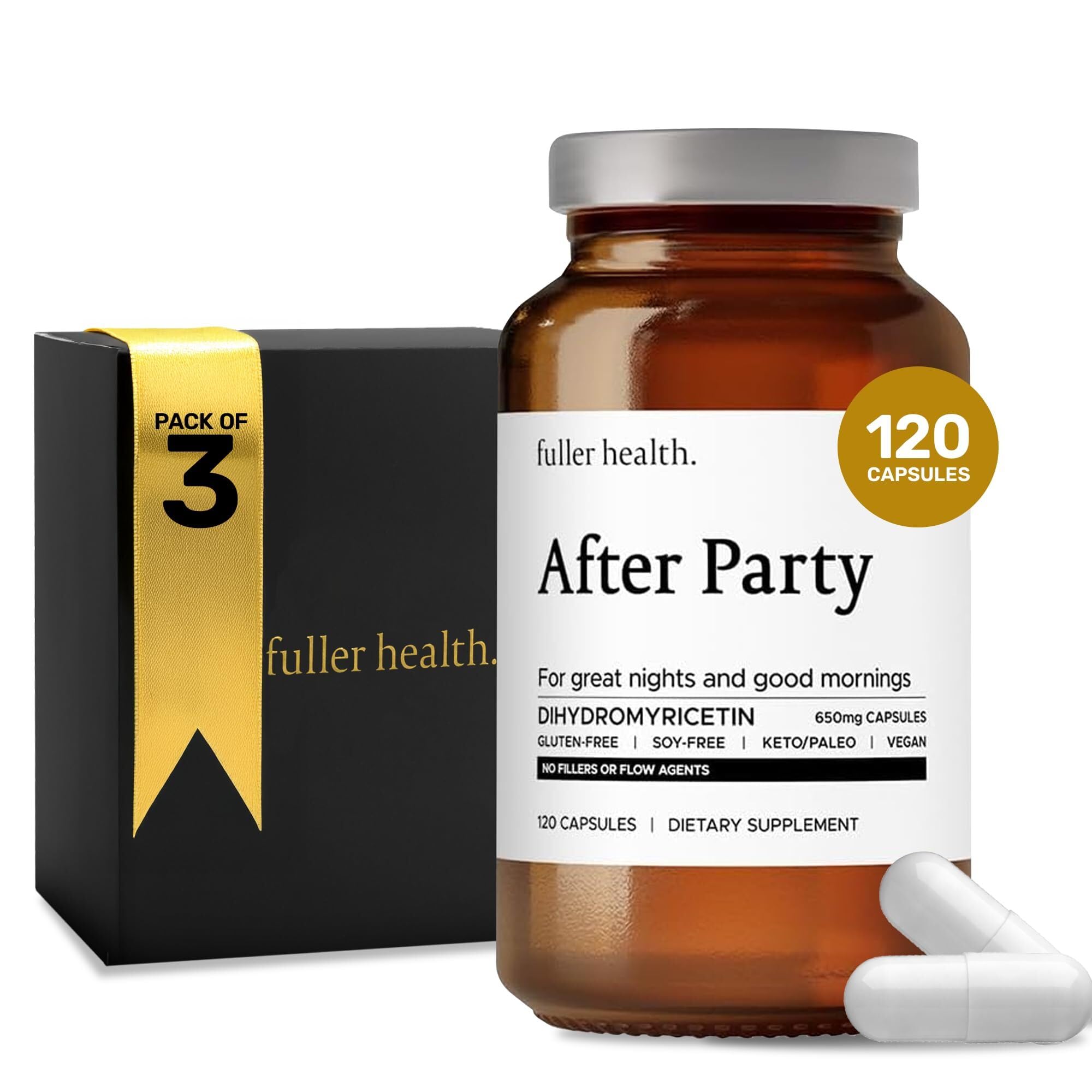 Fuller Health After Party bottle front emphasizes DHM formula for post-celebration relief.