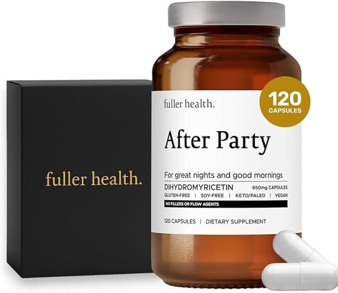 Fuller Health After Party DHM bottle on desk indicating refreshed mornings.