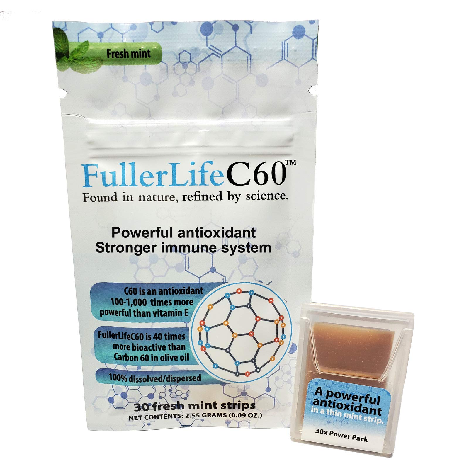 FullerLifeC60 carbon 60 strip pack in pocket for on-the-go immunity support.